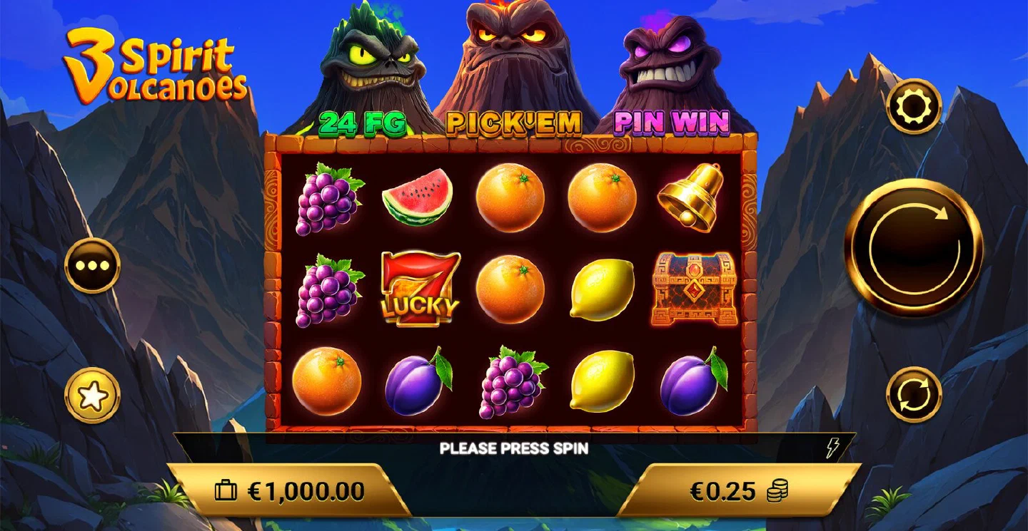 The 3 Spirit Volcanoes base game before the first spin, with the three volcano counters above the reels