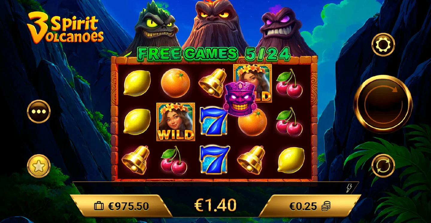 A Free Games round of 3 Spirit Volcanoes on the night background, the way it looks on a phone screen