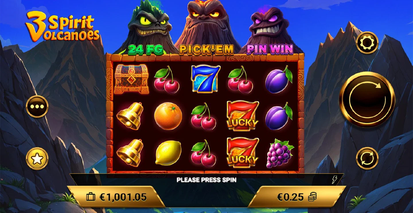 The 3 Spirit Volcanoes 5x3 grid with the Green, Red and Purple volcano counters above the reels