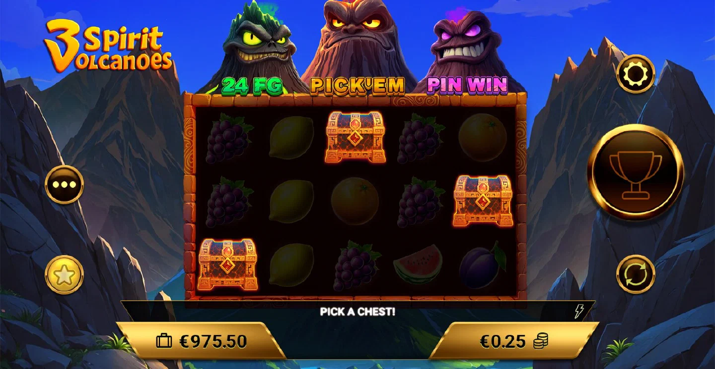 The PICK A CHEST screen of 3 Spirit Volcanoes with three chests on reels 1, 3 and 5