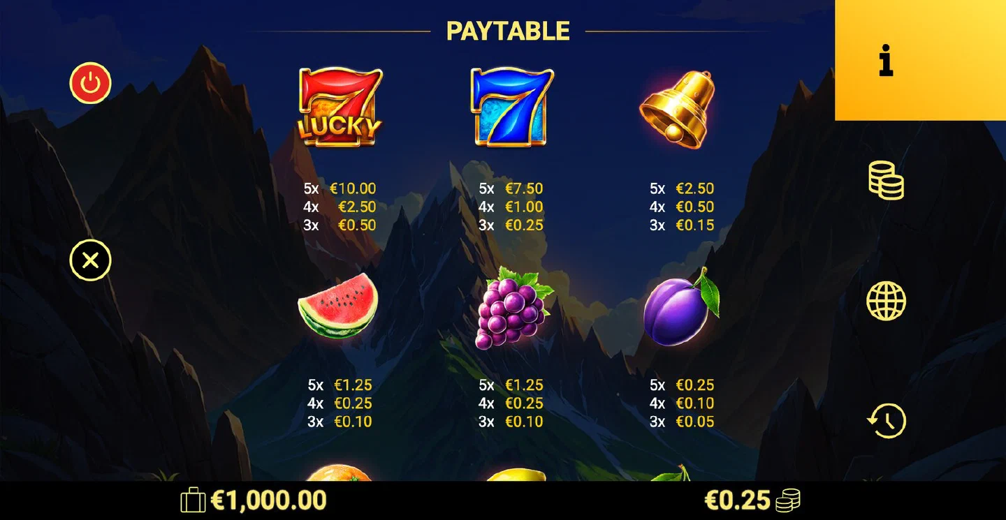 The first paytable screen of 3 Spirit Volcanoes with the seven and fruit symbol values